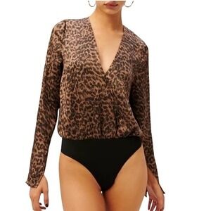 Good American Flowing Faux Wrap Front Long Sleeve Bodysuit Leopard Womens Size 5